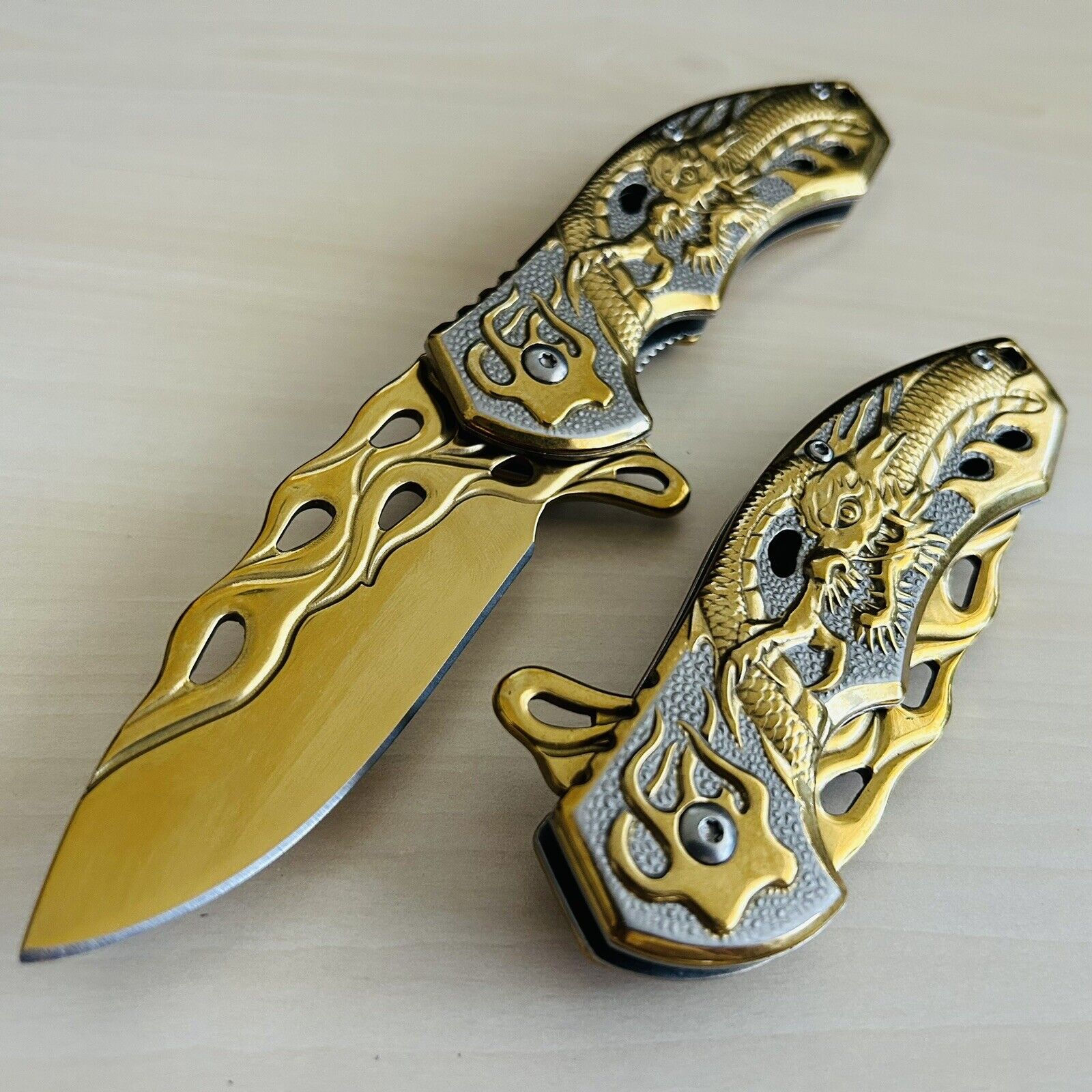 8” Gold Dragon Tactical Spring Assisted Open Folding Pocket Knife