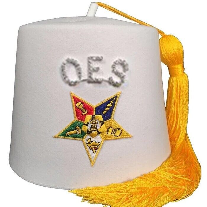 Order of the Eastern Star OES Rhinestone 1″OFF White Fez Hat Masonic Regalia Hat