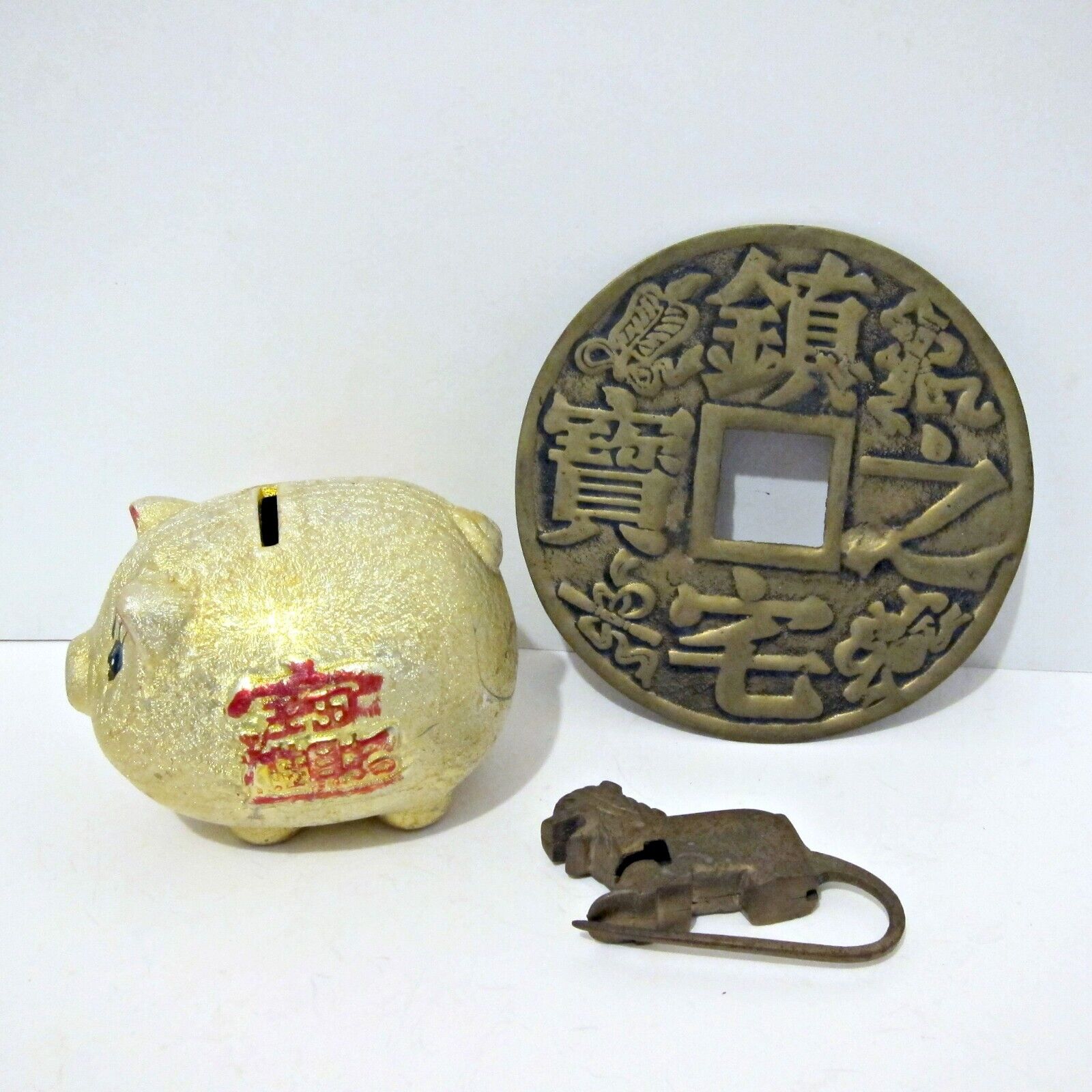 VINTAGE CHINESE COLLECTIBLES LOT - Fu Dog Lock - Piggy Bank - Large Cash Coin
