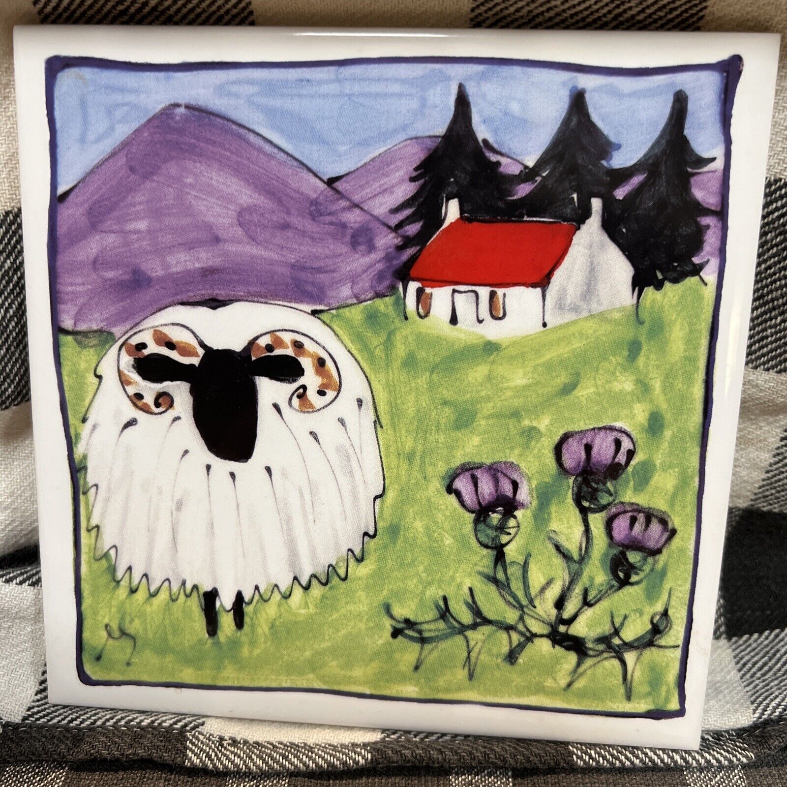 Vintage Elspeth Gardner Tile Art Sheep Scotland, Signed