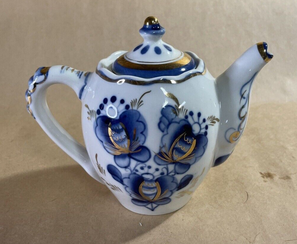Vintage Teapot Russian Gzhel Porcelain Cobalt with Gold Ornament
