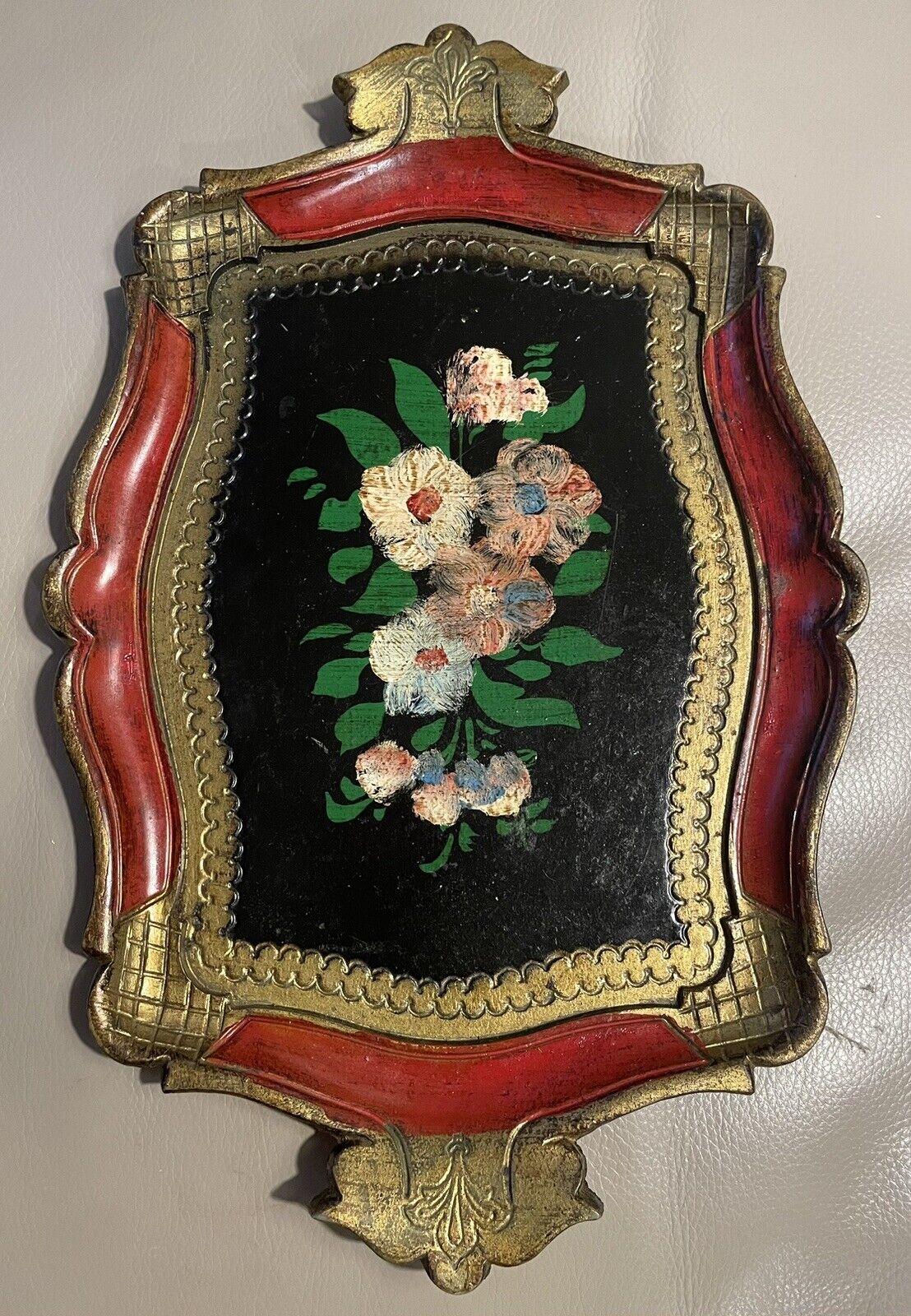 Vintage Italian Gold Tone Tray with Floral Still Life Art in Center 13.5x9 inch
