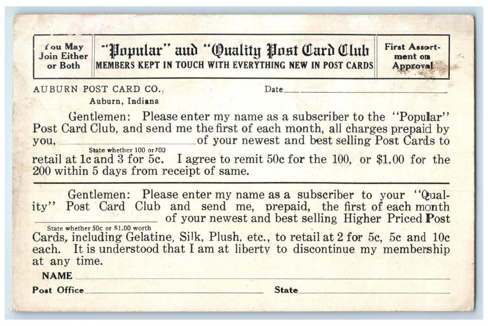 c1880's Selling Postcards Popular Quality Post Card Club Auburn IN Postal Card