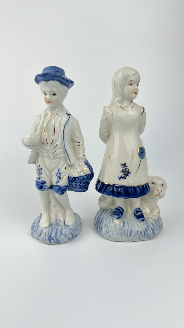 Vintage Pair Girl Figurine Of Porcelain Handmade Boy Decor Chinese Collectibles