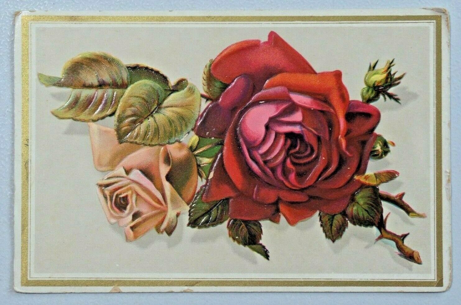 Vintage Heavily Embossed Red & Pink Rose Die-Cut Art Card 8049