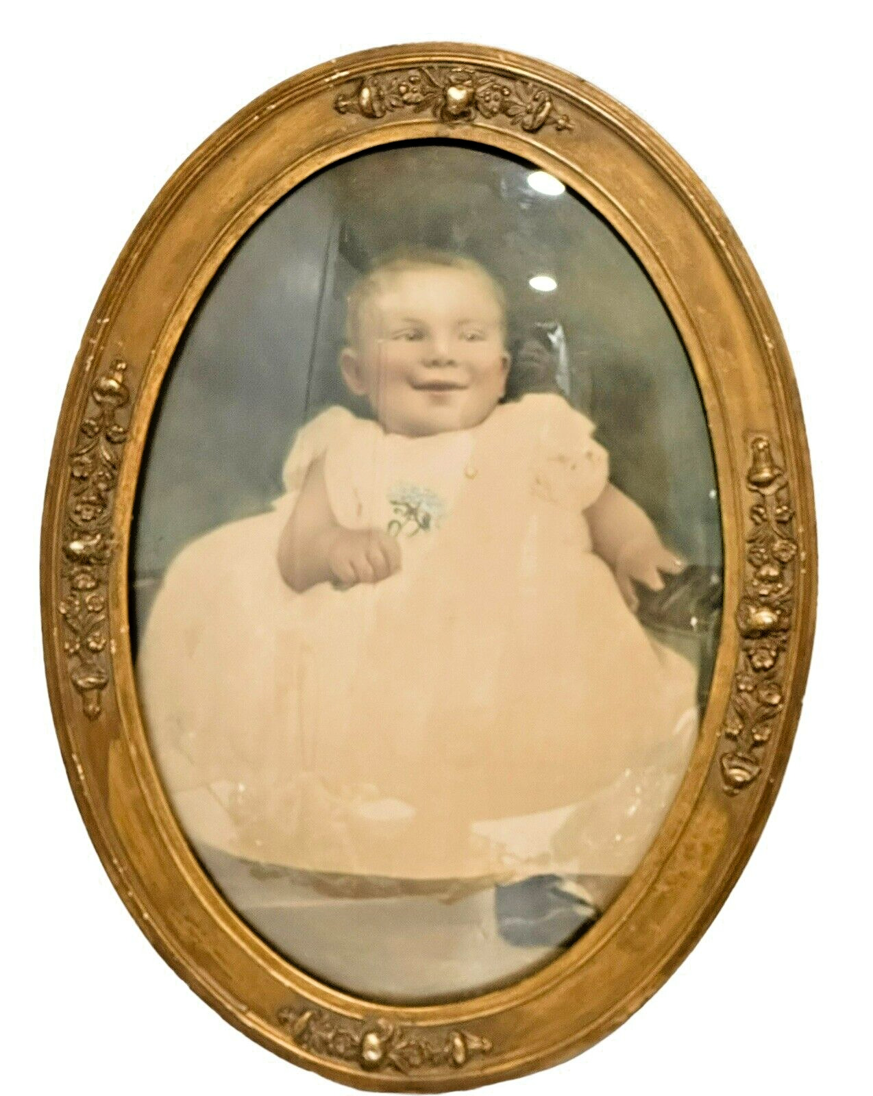 Antique Oval Convex Bubble Glass Wooden Frame Gold Gilded w/Baby Photo Named