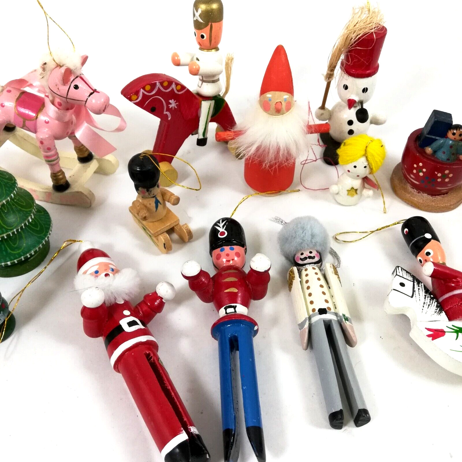 Vintage Clothespin & Wooden Christmas Ornaments Santa Claus Snowman (13 Pcs)
