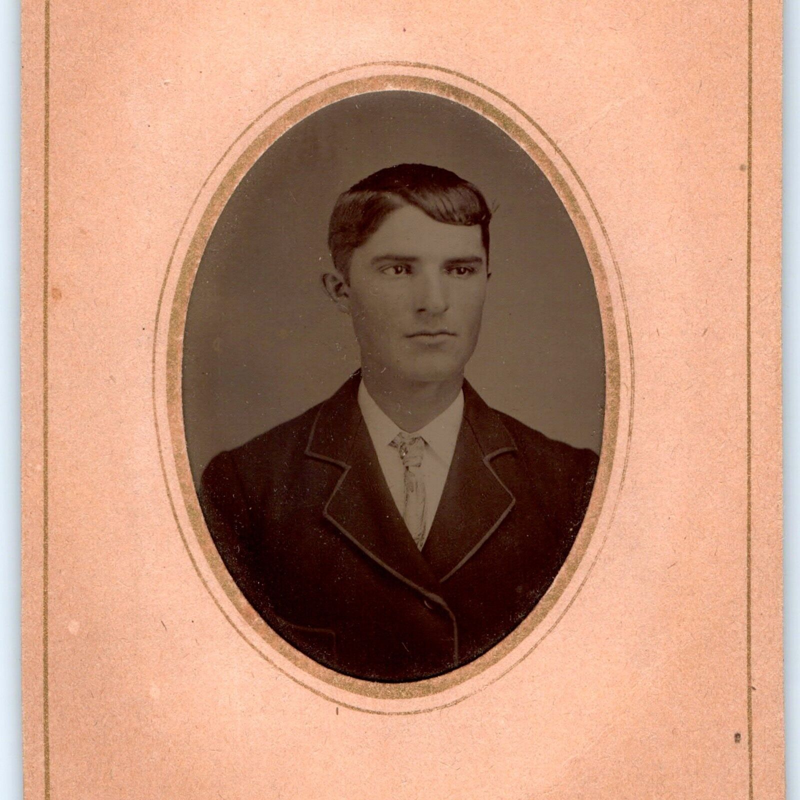 c1860s Handsome Young Man Portrait Headshot Tintype Real Photo Paper Border H40