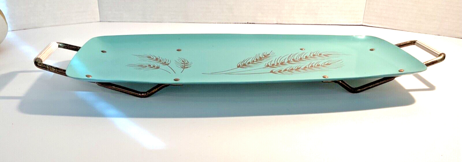 VTG 1950s Teal Metal Snack Tray Aqua Gold Wheat Copper Trim joined Handle foot