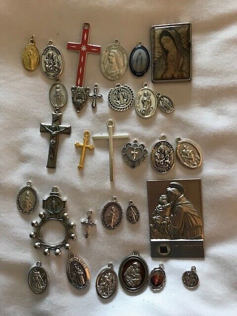 Lot of 30 Catholic Religious Medals, Charms, Crucifix, Centerpiece Medalions