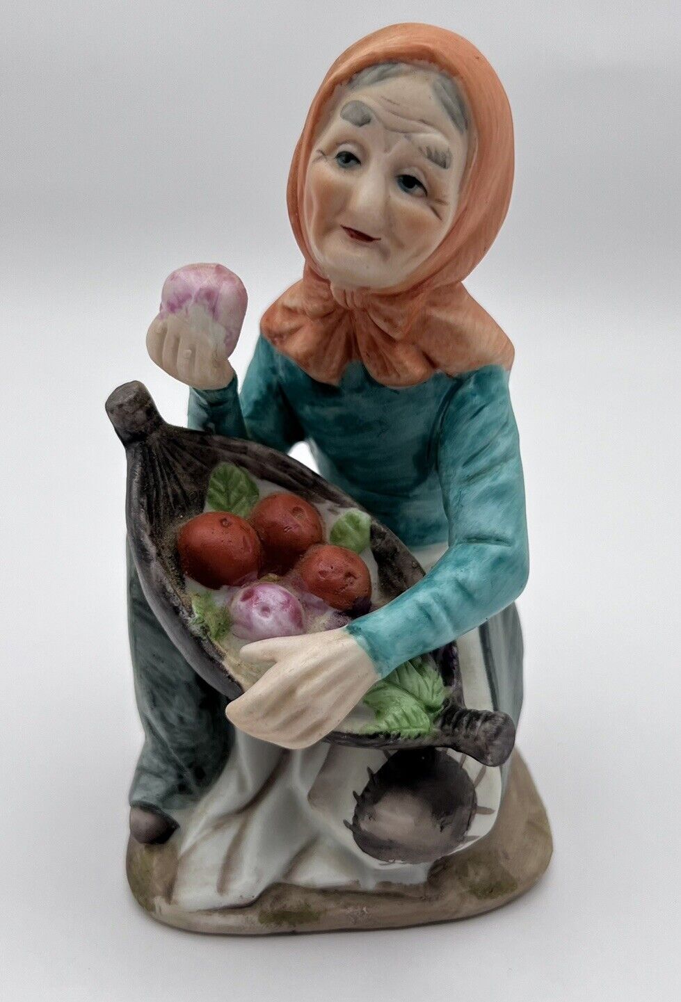 Vintage Old  Woman Carrying Vegetable Basket Ceramic Figurine Grannycore