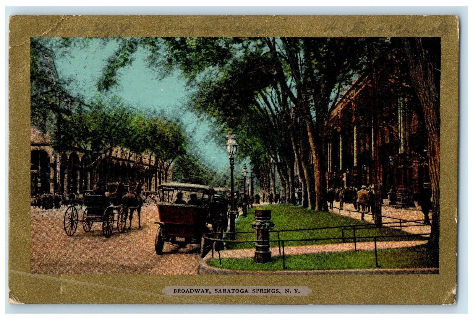 1908 Broadway Classic Cars Carriage Dirt Road Saratoga Springs New York Postcard