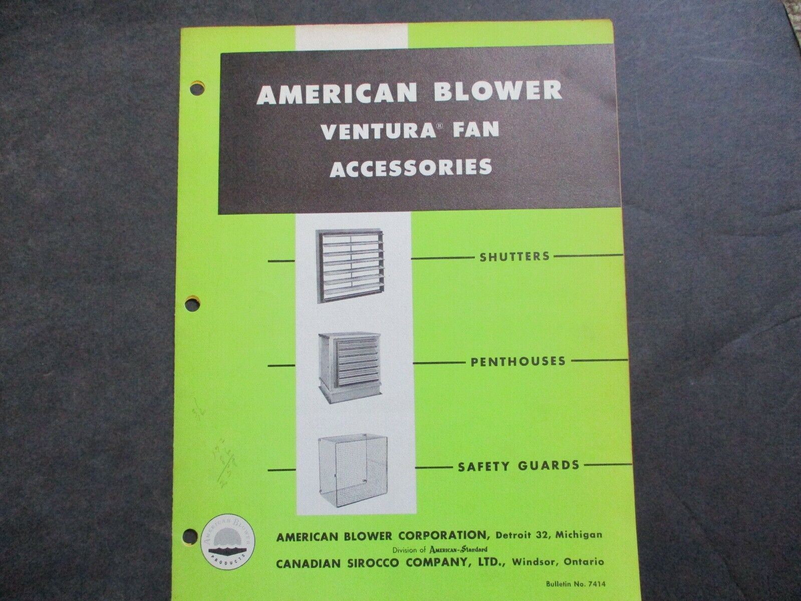 American Blower Ventura Fan Accessories Bulletin No. 7414