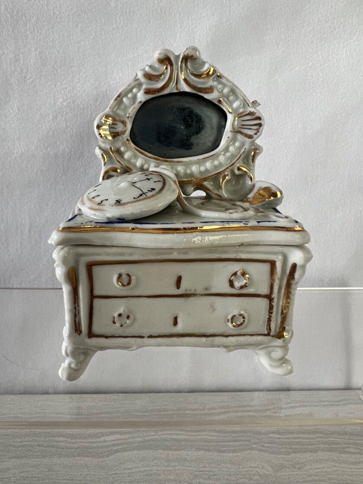 Antique Vintage Victorian Trinket Box Porcelain Fairing Box Dresser w/ Watch