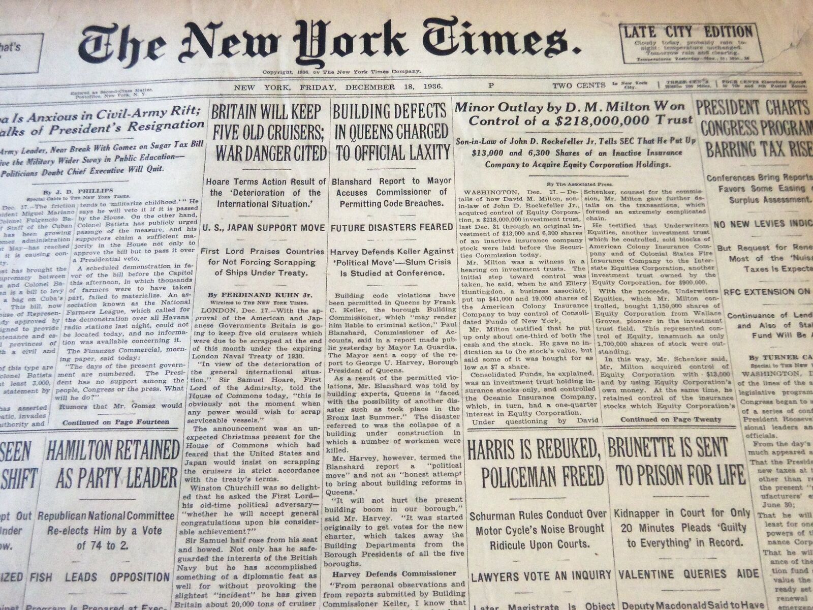 1936 DECEMBER 18 NEW YORK TIMES - D. M. MILTON WINS CONTROL OF TRUST - NT 6700