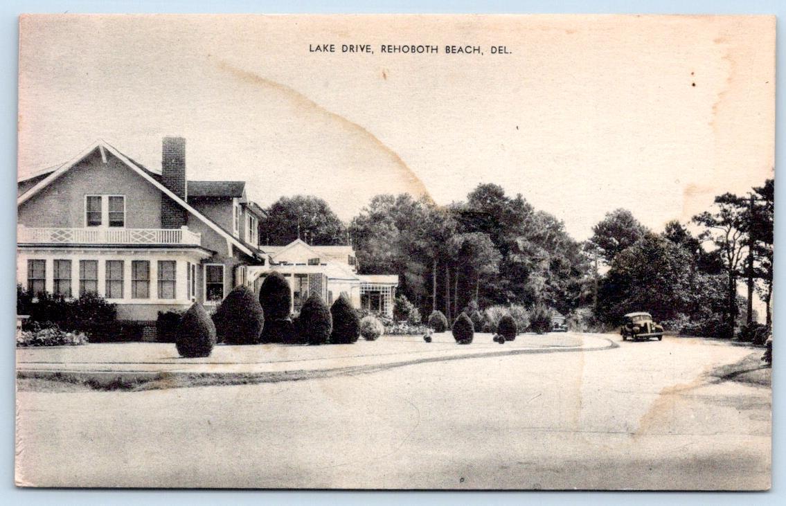 1930's REHOBOTH BEACH DELAWARE LAKE DRIVE HOUSES OLD CARD VINTAGE POSTCARD*STAIN