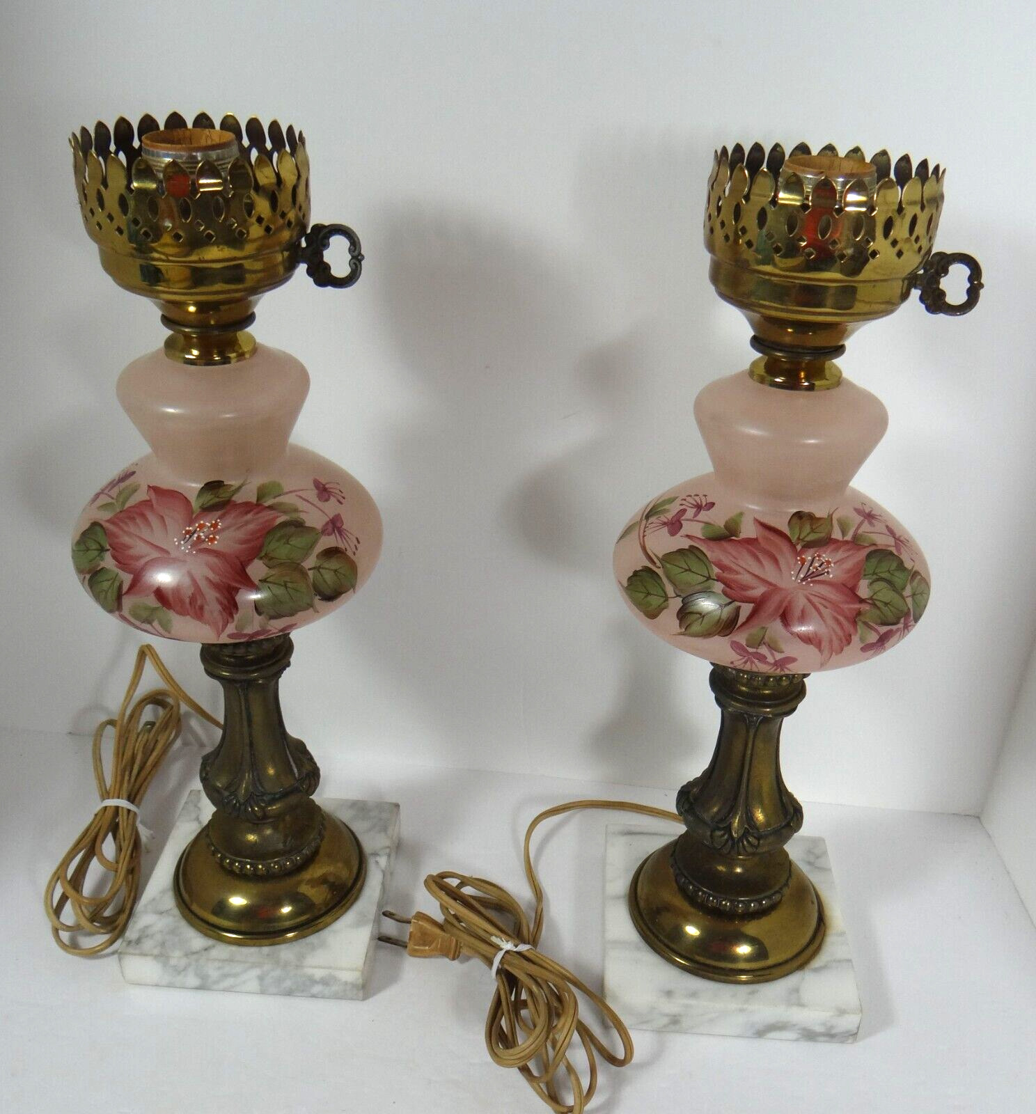 Vintage Pair Boudoir Hurricane Lamps Chic Pink Floral Marble Base No Chimneys