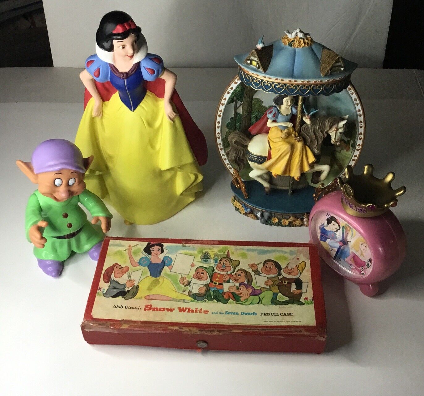 Vintage Snow White Lot Clock Bank Dopey Figurine Pencil Box