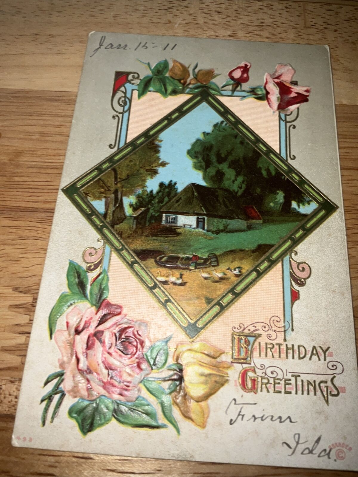 VTG POST CARD:  1911  BIRTHDAY GREETINGS EMBOSSED STAMP