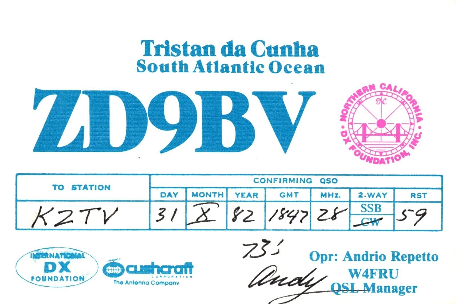 Tristan da Cunha ZD9BV QSL Radio Postcard