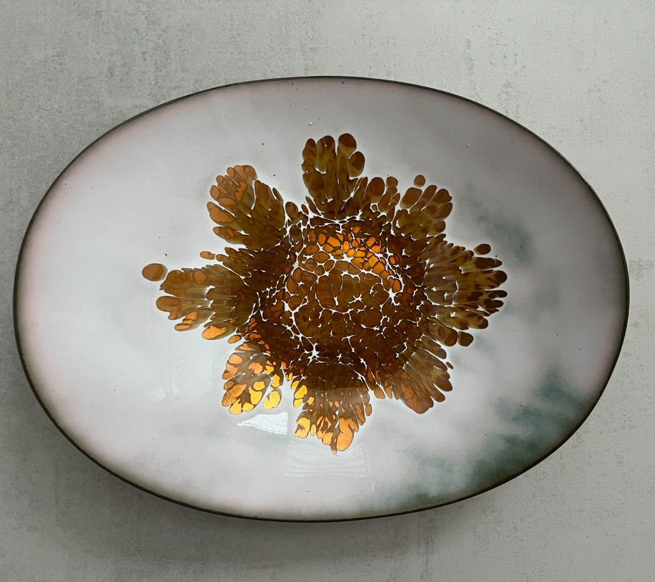 MCM Copper Enamel Oval Bowl White and Copper Abstract Floral