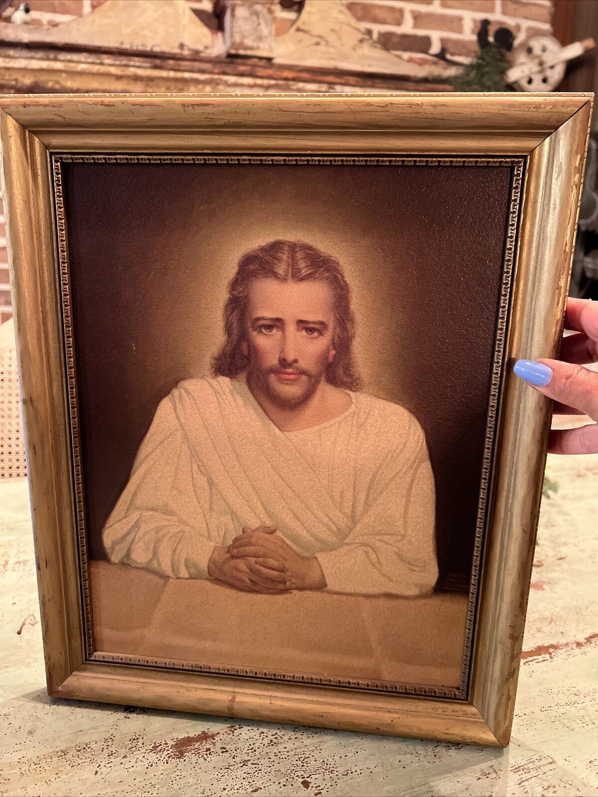 Vintage Head Of Christ Print beautiful wood frame