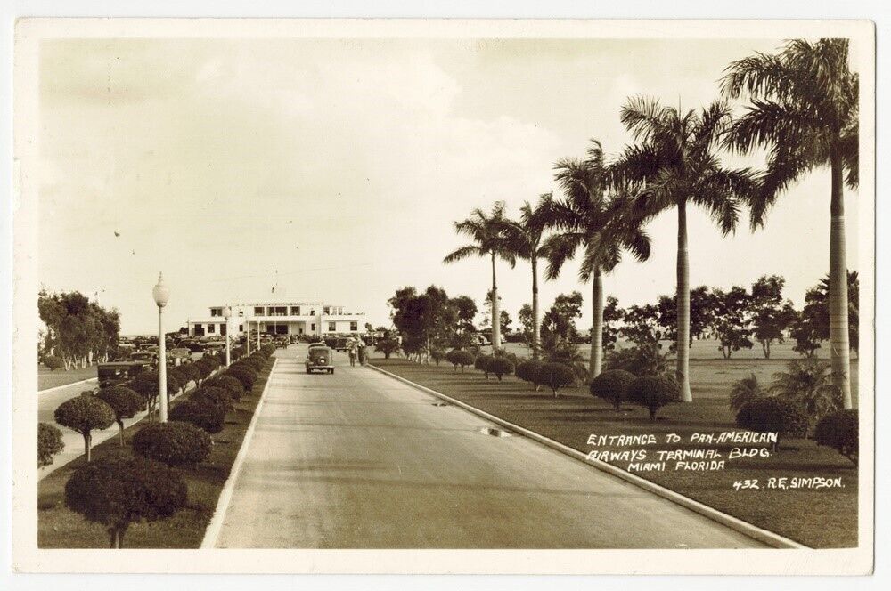 1944 Real Photo Postcard Entrance to Pan-American Airways Terminal Bldg Miami FL