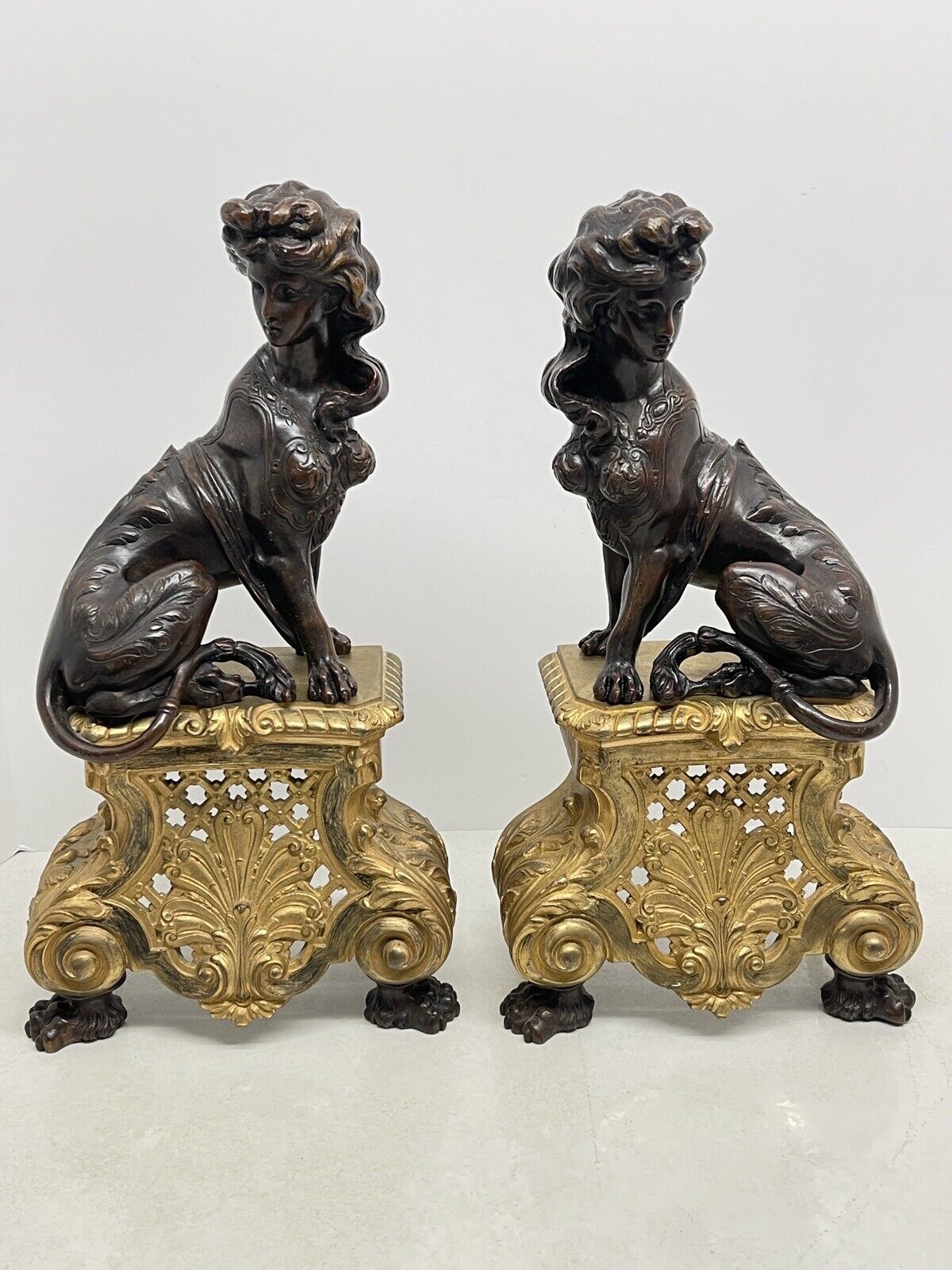 Antique French Bronze Sphinx Chenet Pair Gilt Base - Andirons - 16” Inches Tall