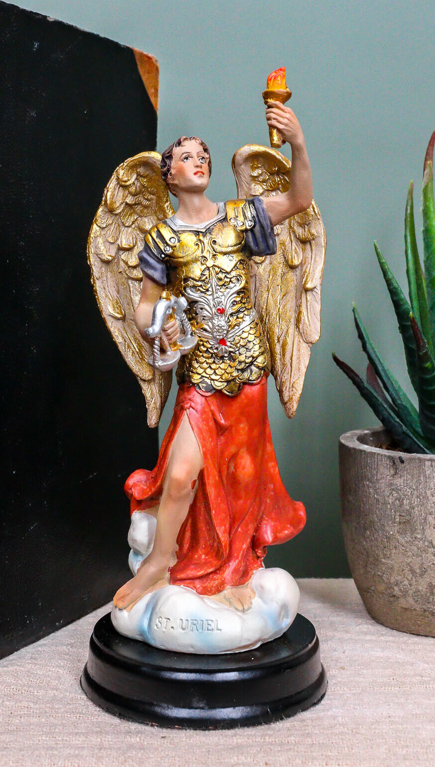 Catholic Church Archangel Saint Uriel With Holy Spirit Torch Statue With Base