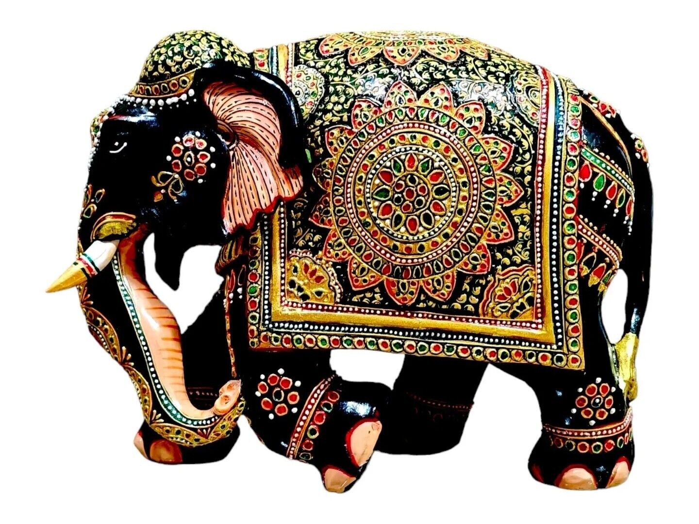 Wooden Painted Elephant Statue Decorative Hand Painted Elephant Figure Height 17