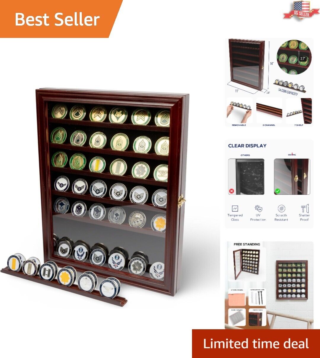 Luxurious Collectible Display Cabinet for Military Challenge Coins - Cherry Wood