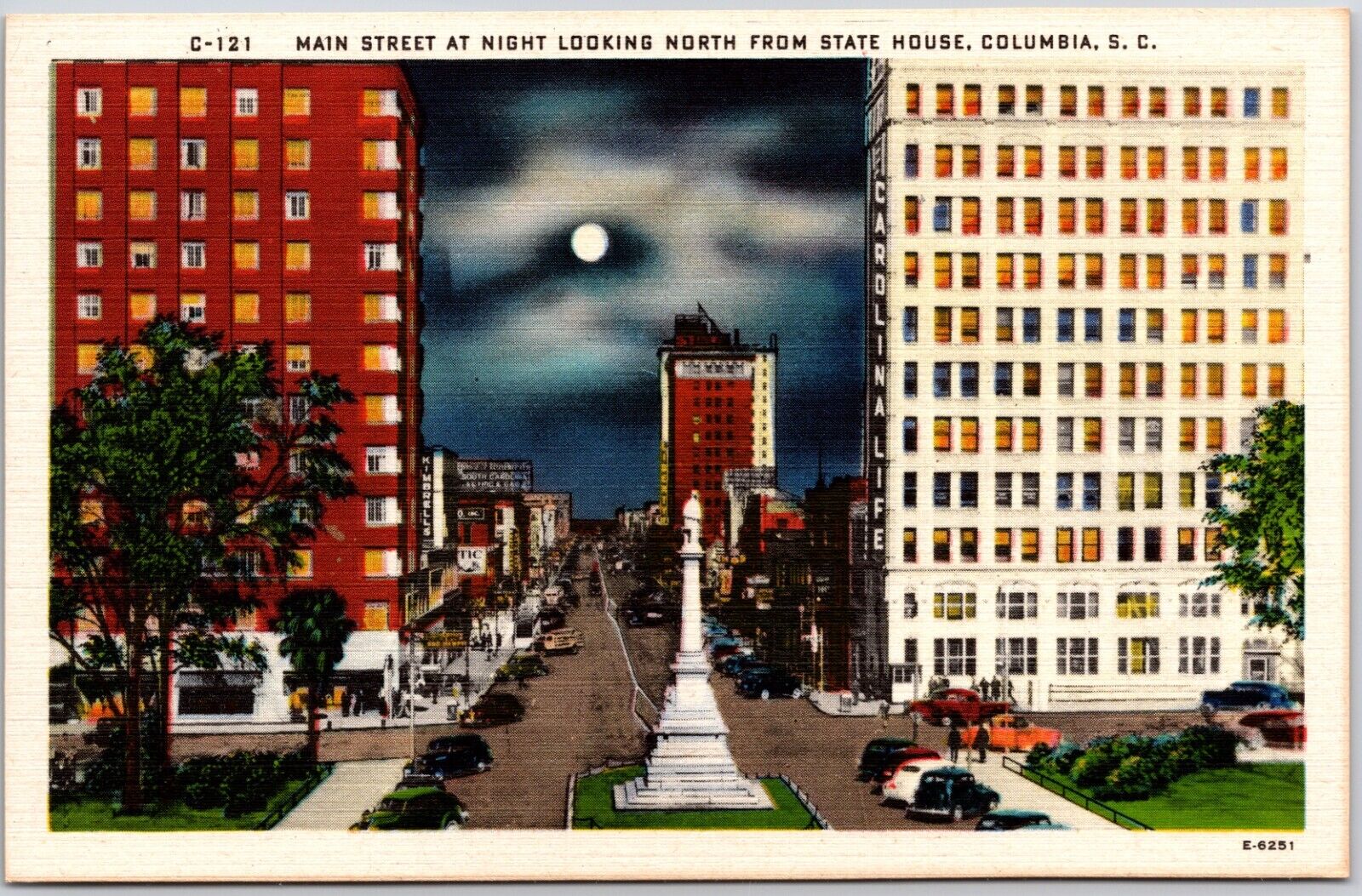 Columbia South Carolina Main Street looking North at night linen Postcard