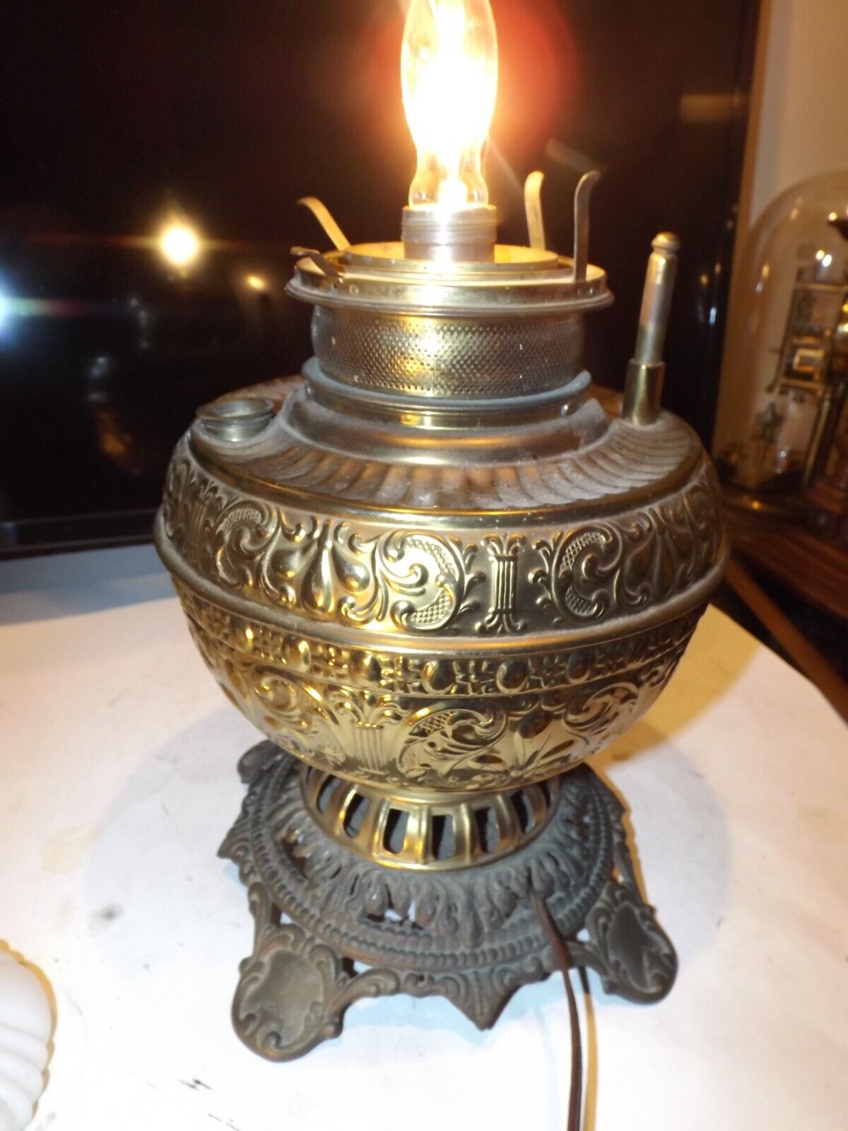 Antique 1800s Miller? Large Brass Hanging Oil Lamp Font Converted to Table Lamp