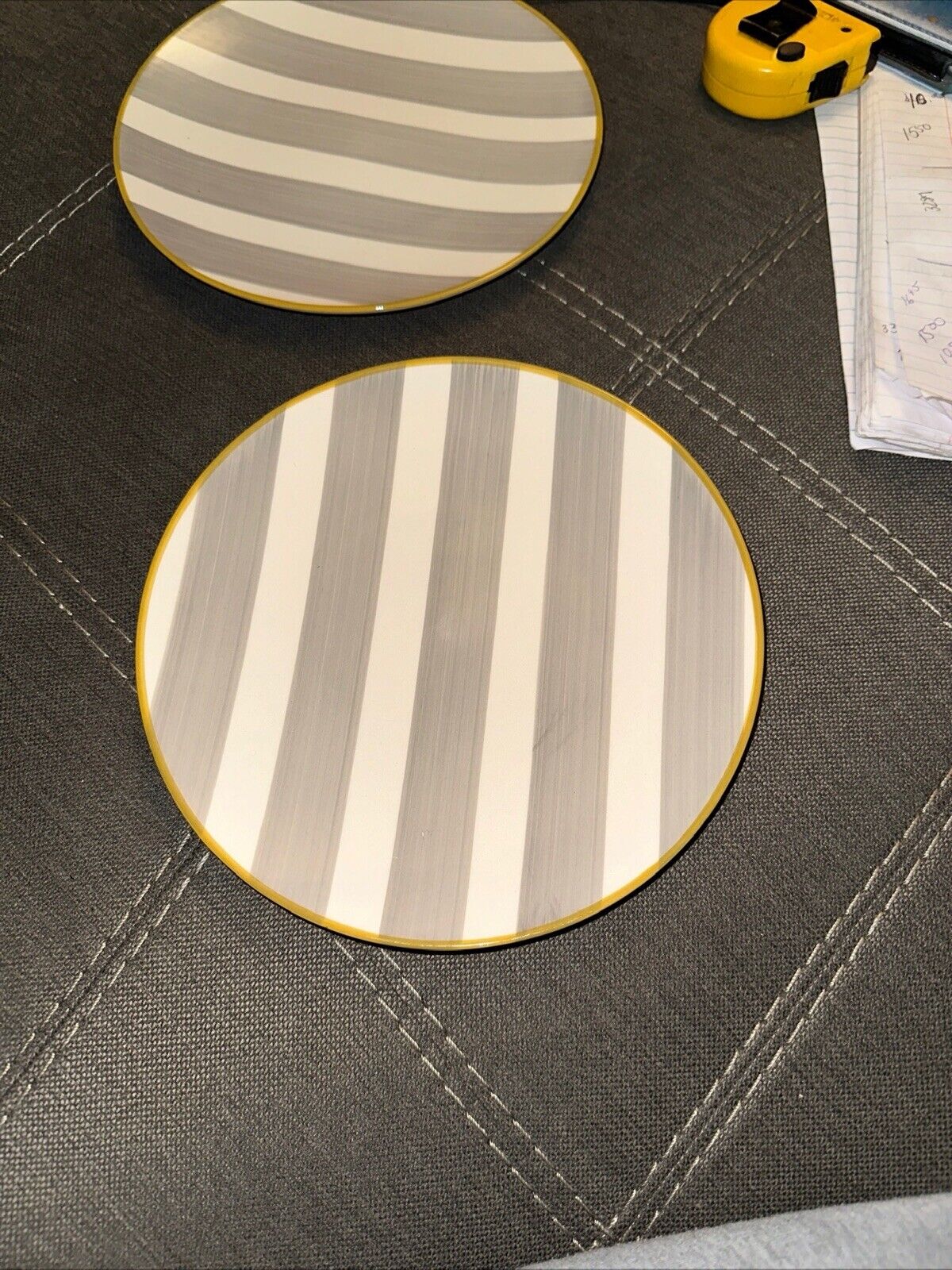 Set of 2~CMG Ceramic Grey& White Striped W/ Gold Trim Plates