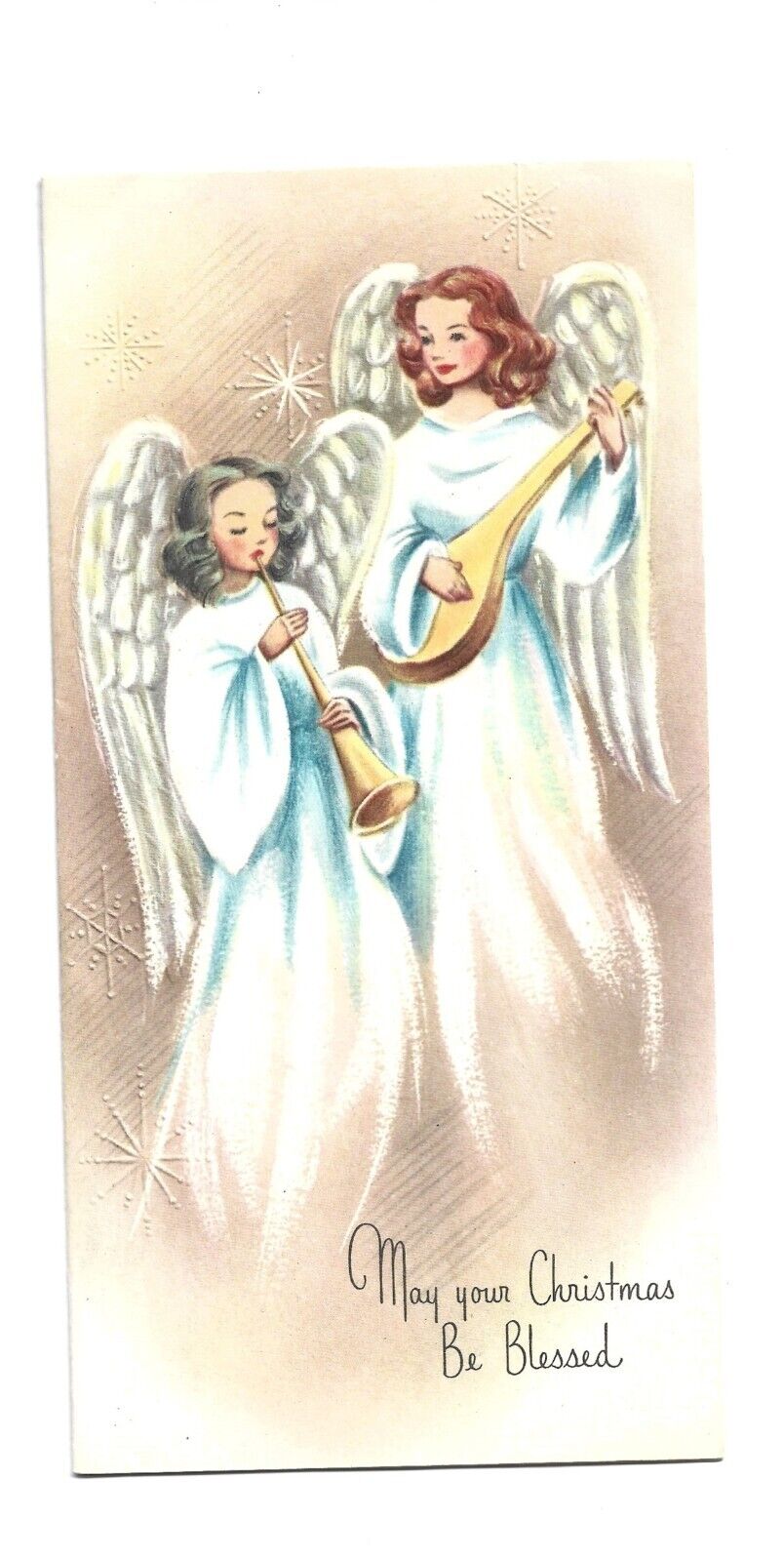Vtg. Christmas Card 2 TEEN ANGELS  Playing Instruments by  A SUNSHINE CARD