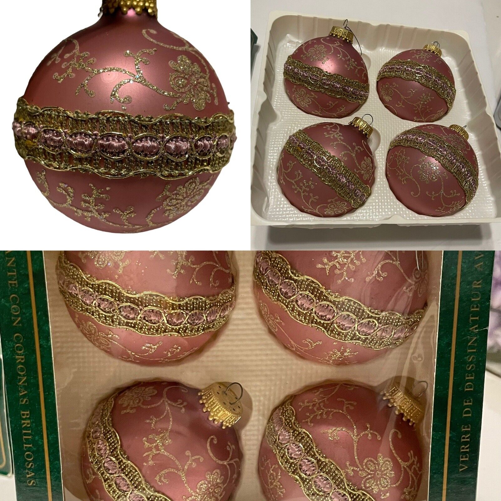 Vtg Christmas by Krebs Blush Pink Gold Glitter Glass Christmas Ornaments Boxof 4