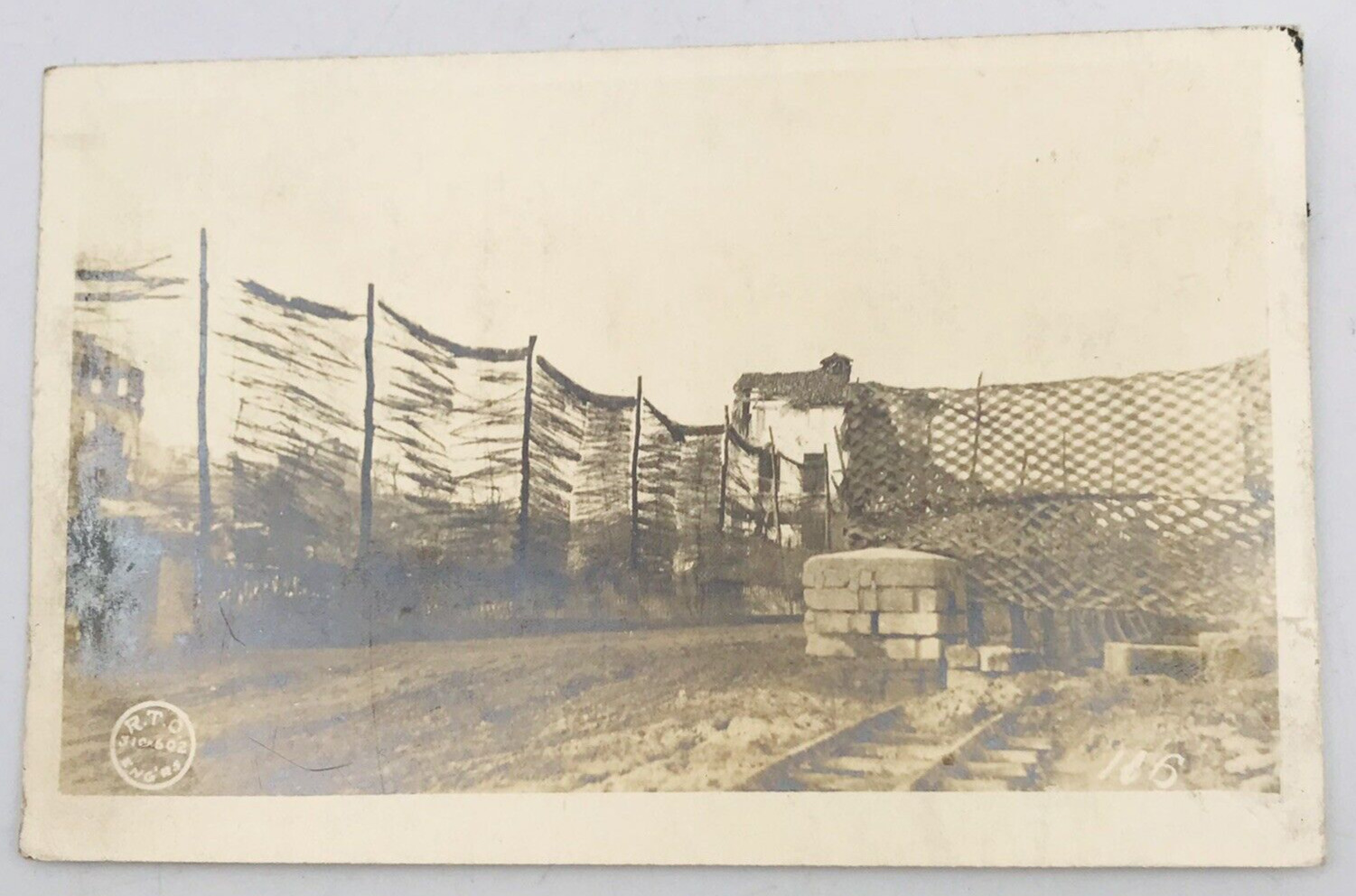 Vintage WWI RPPC RTO Engrs Base Camp Netting Train Tracks Real Photo Postcard