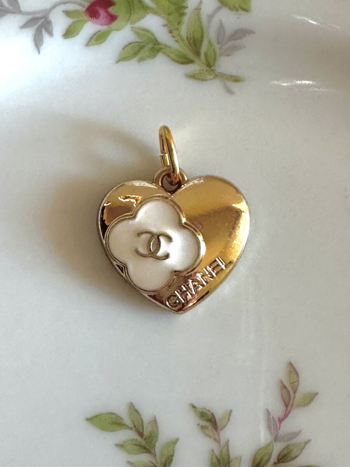 White and Gold Designer CC Heart Clover Zip Pull Button Stamped Charm