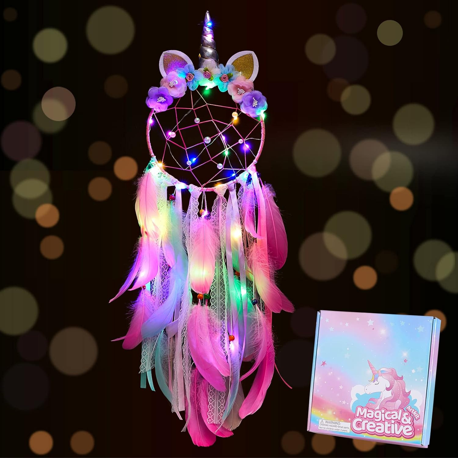 Unicorn Dream Catcher Wall Decor Led Dream Catchers with Light Colorful Feather 