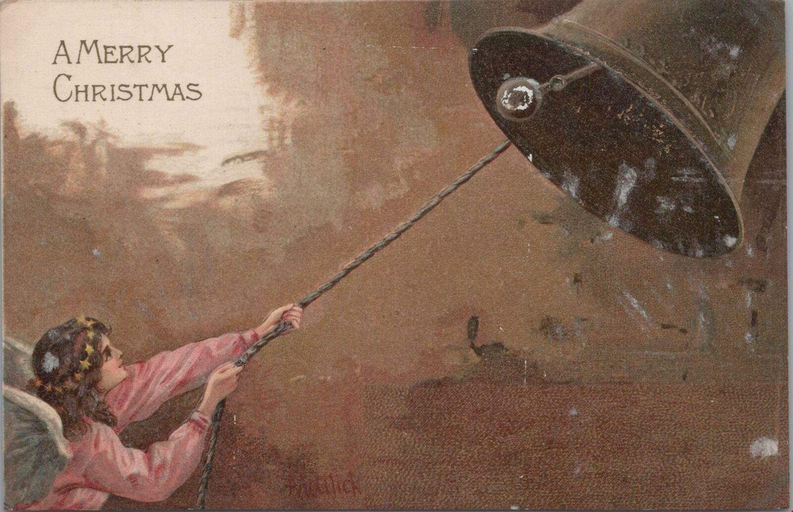 Postcard A Merry Christmas Angel Ringing Large Bell
