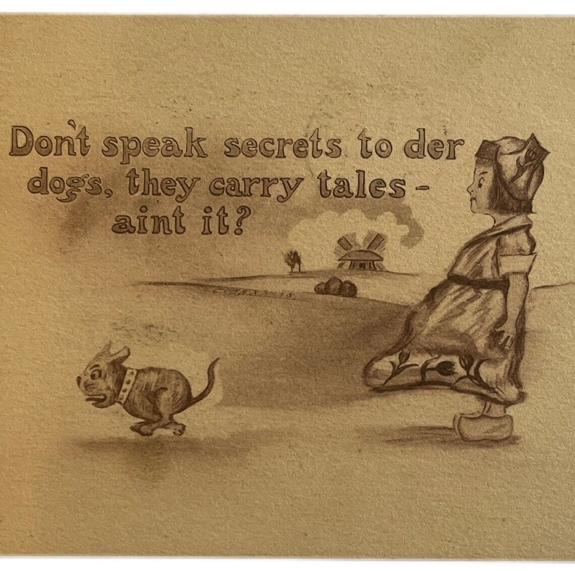 Antique 1911 Ephemera Postcard Humorous Message Dutch Girl Dog Windmill Posted
