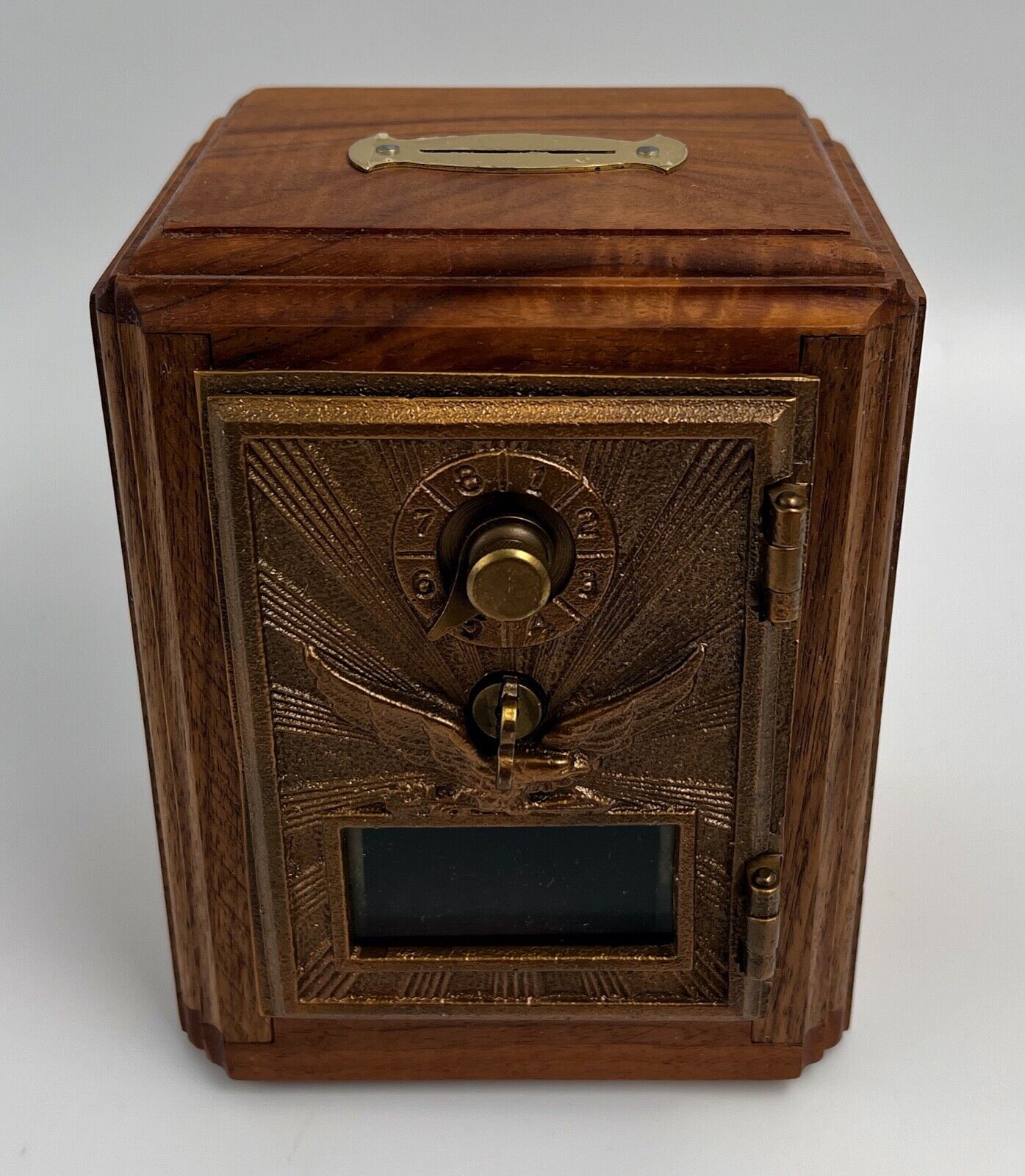 Vintage US Eagle Post Office Box Door Coin Bank Oak with Brass Door Dial