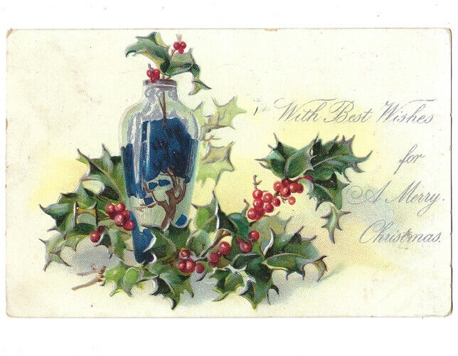 c.1907 Best Wishes For Merry Christmas Holly Raphael Tuck & Sons Postcard POSTED