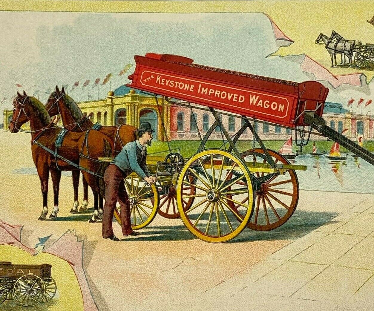 1893 Chicago Worlds Fair Victorian Trade Card Keystone Coal Dumping Wagon 6 1/2\