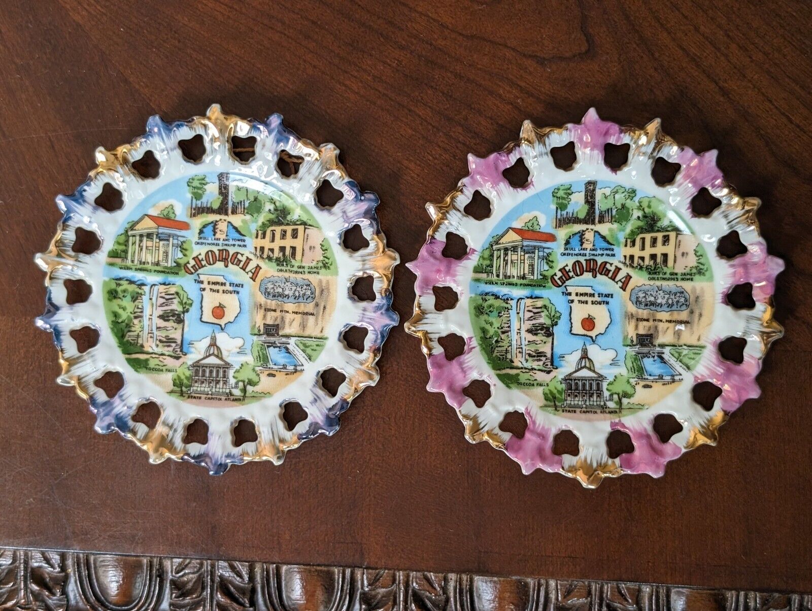 PAIR of State of Georgia Plate Decorate Wall Hanging Decor Blue Purple 5.25\