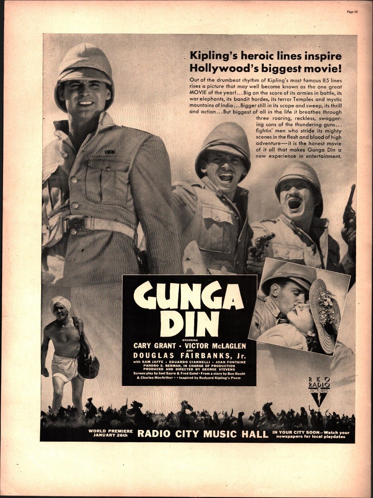 Vintage 1939 “Gunga Din” Film Print Ad - Cary Grant - Victor McLaglen d6