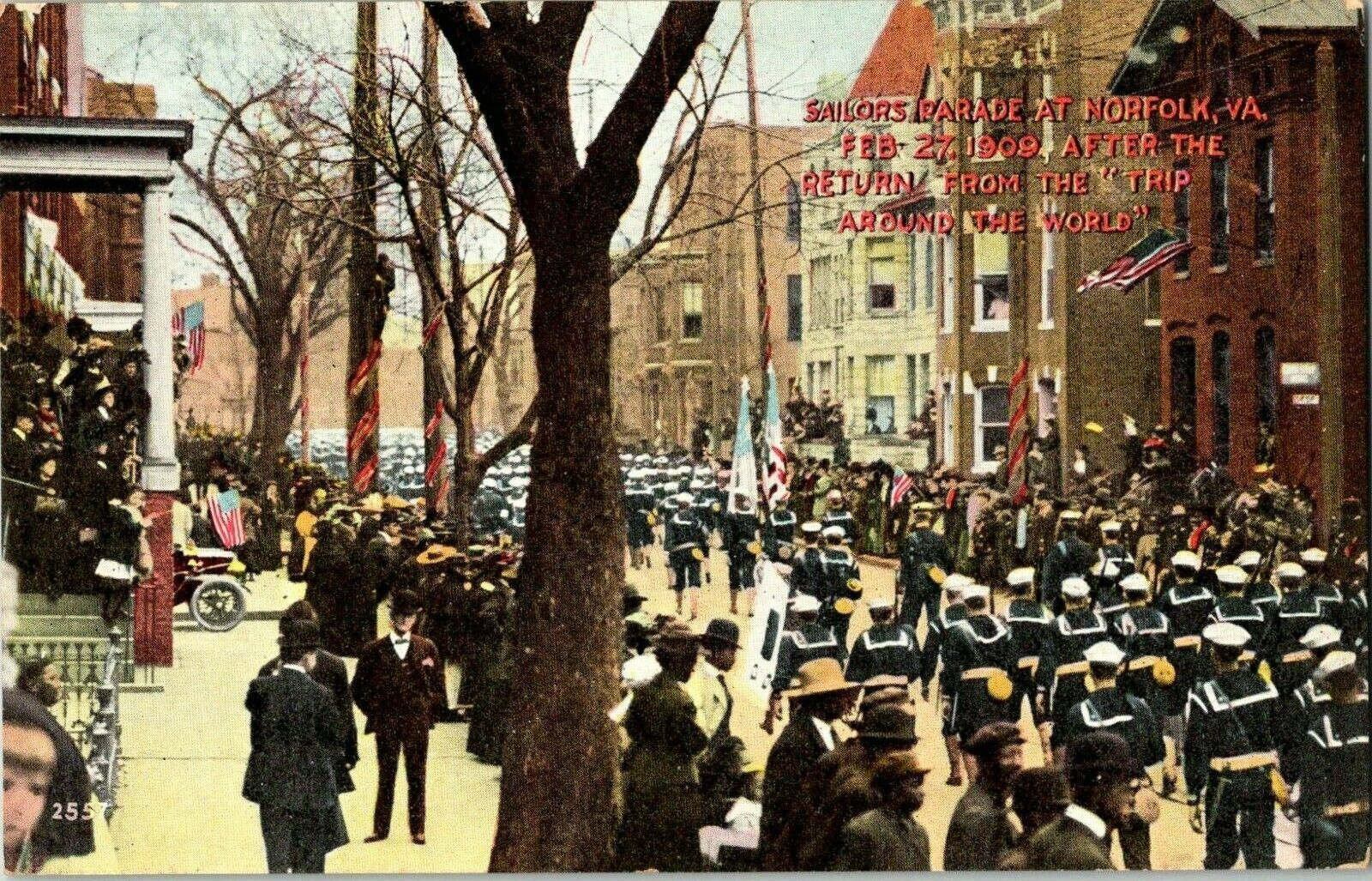 Postcard Sailors Parade Street View 1909 Norfolk Virginia A14
