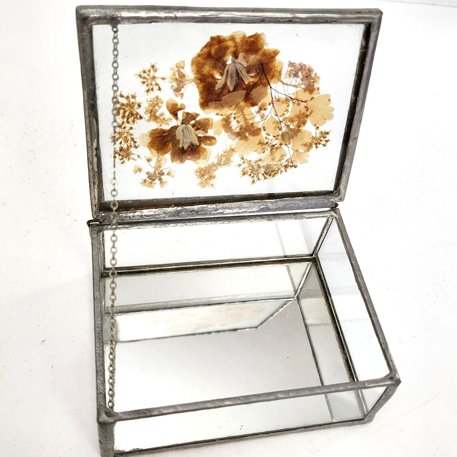 Vintage Pressed Botanical Flowers Glass Jewelry Trinket Box Mirror Bottom 4 x 3
