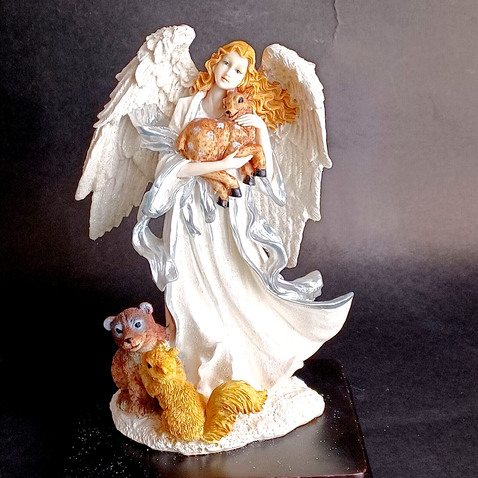 Vintage Angel Figurine Ashley Belle Standing Holding Deer Bear Squirrel Glitter