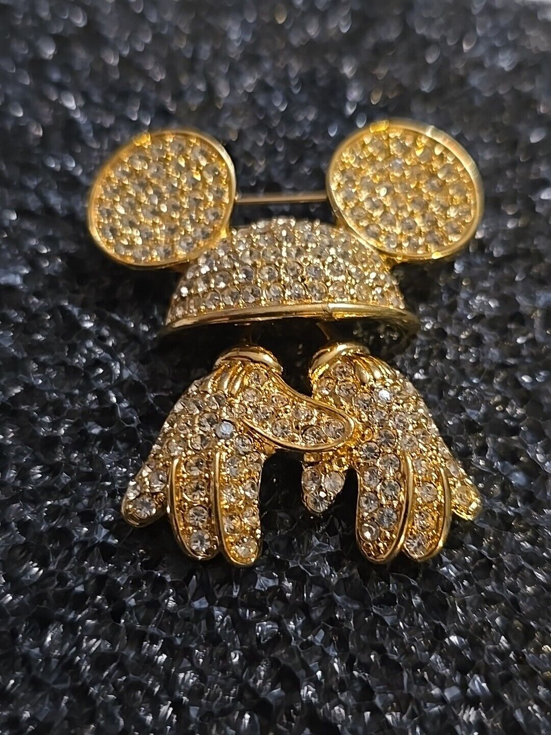 Vintage Mickey Mouse Disney Napier Gold Tone Rhinestone Hat & Gloves Brooch Pin